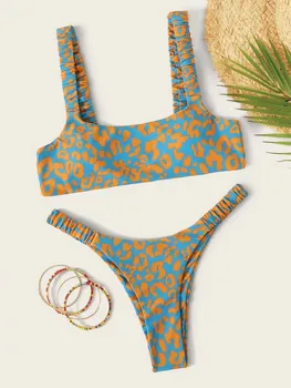 Women orange leopard push up padded thong swimsuit female cut out bathing suit swimwear