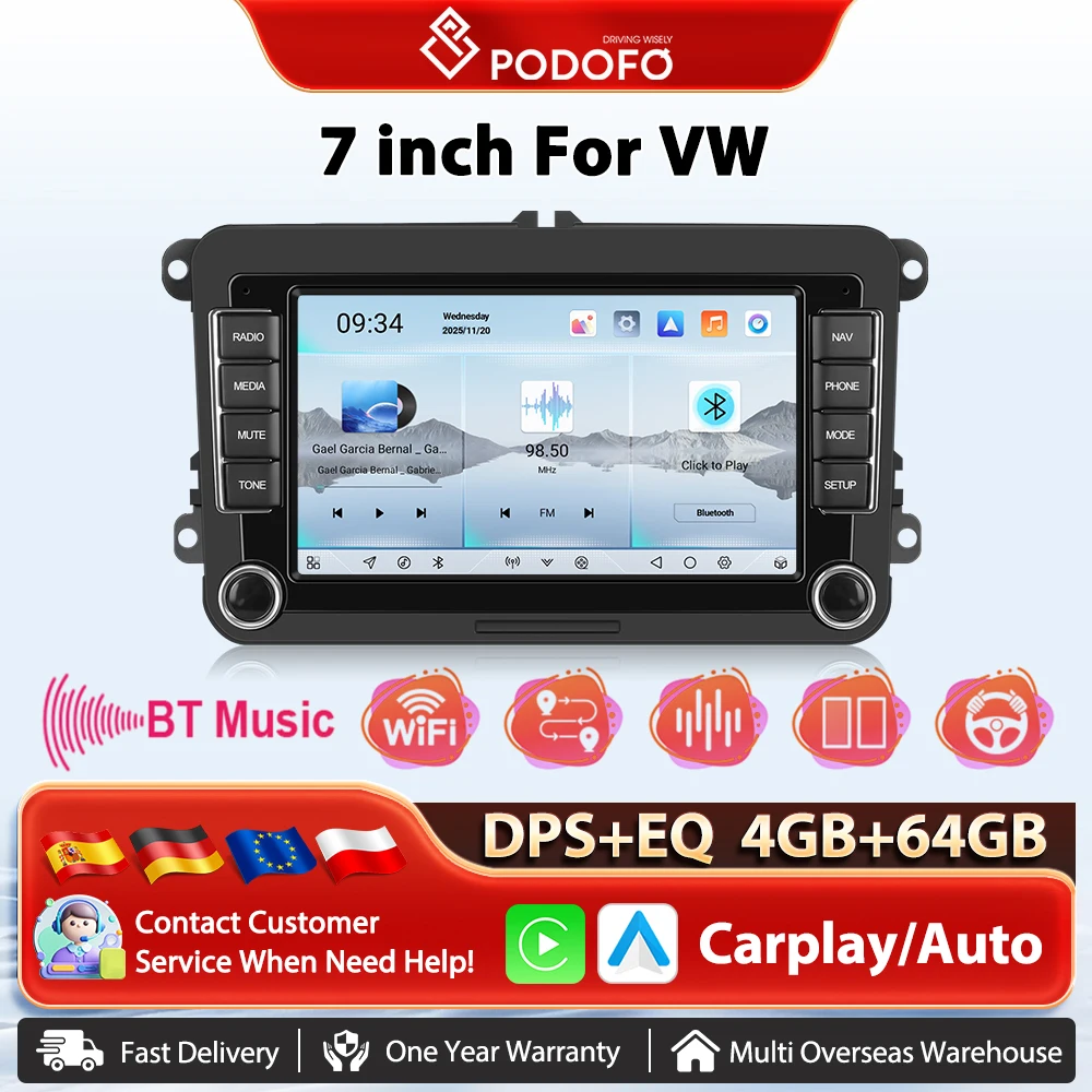Podofo 8 Core Wireless Carplay Car AI Radio DSP Android Auto GPS Navigation WIFI Multimedia Player For VW FM RDS 7inch 4+64G BT