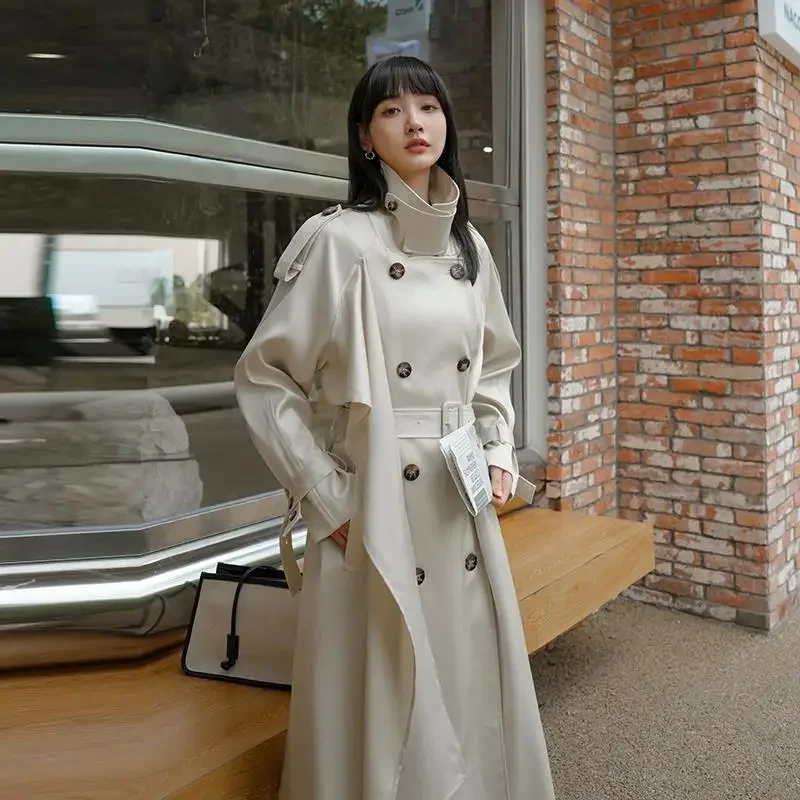 

SuperAen 2023 Autumn Temperament Shawl Design Korean Long Windbreaker Double Breasted OL Long Coat