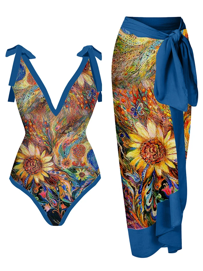 2023 Girasole Pittura A Olio Stampa Scollo A V Costume Intero Cover Up Donna Push Up Bikini Costumi Da Bagno Di Lusso Costume Da Bagno Beachwear