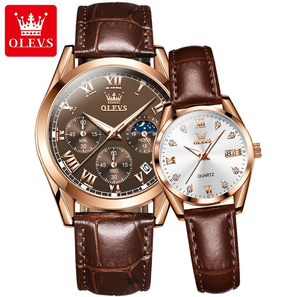 OLEVS-Montre à quartz de luxe pour hommes et femmes, montres pour amoureux, montre-bracelet en cuir étanche, cadeau de couple, marque supérieure