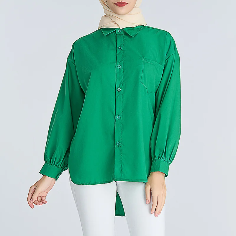 2023 Solid Color Top European and American Pocket Decoration Women's Basic Style Long Sleeve Shirt Tops for Muslim Women