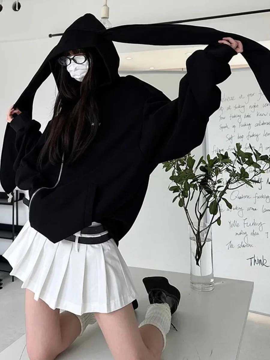 White Hoodies Women Cute Rabbit Hooed Sweatshirt Female Oversized Fashion Casual Zip Coat Lady Autumn Preppy Style Loose Hoodie