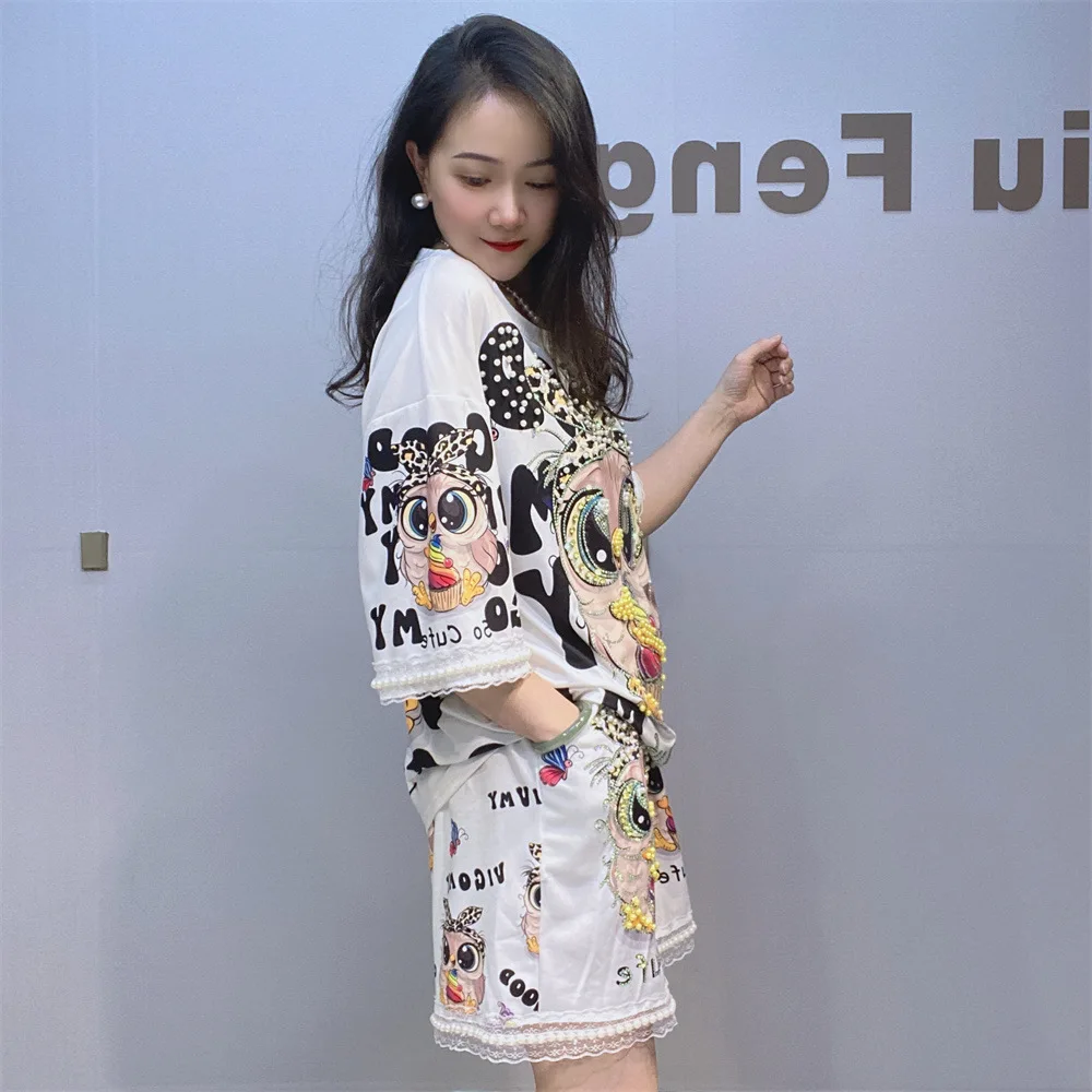 Fashion Sweet Loose Outfit Women 2024 Summer New Printed Cartoon Beaded Short Sleeve T-shirt Shorts Girly Style Two-Piece Set