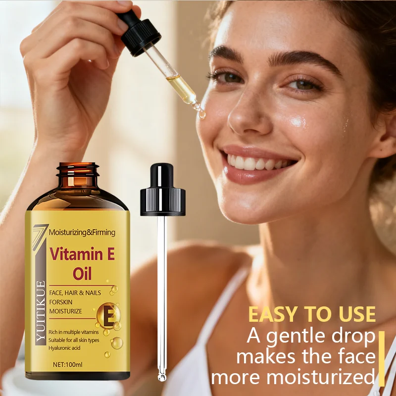 Vitamin E oil moisturizes and firms, rich in various vitamins and hyaluronic acid, suitable for all skin types.