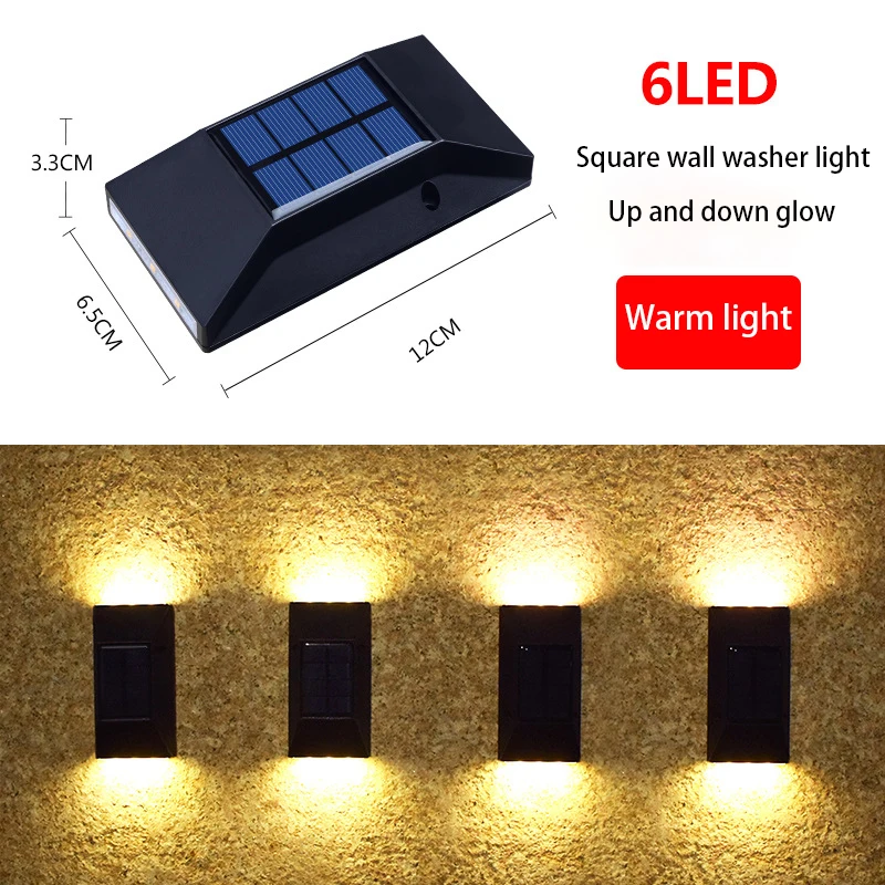 2 Packs of 6Led Square Solar Cooling and Warm Light Wall Lights, Lower Lighting Street Lights/Wall Lights, Solar Powered, Spotlight, Environmental Protection, Suitable for Outdoor Terraces, Swimming Pools, Balconies, Porchs, Fences, Garden Decorative Lighting