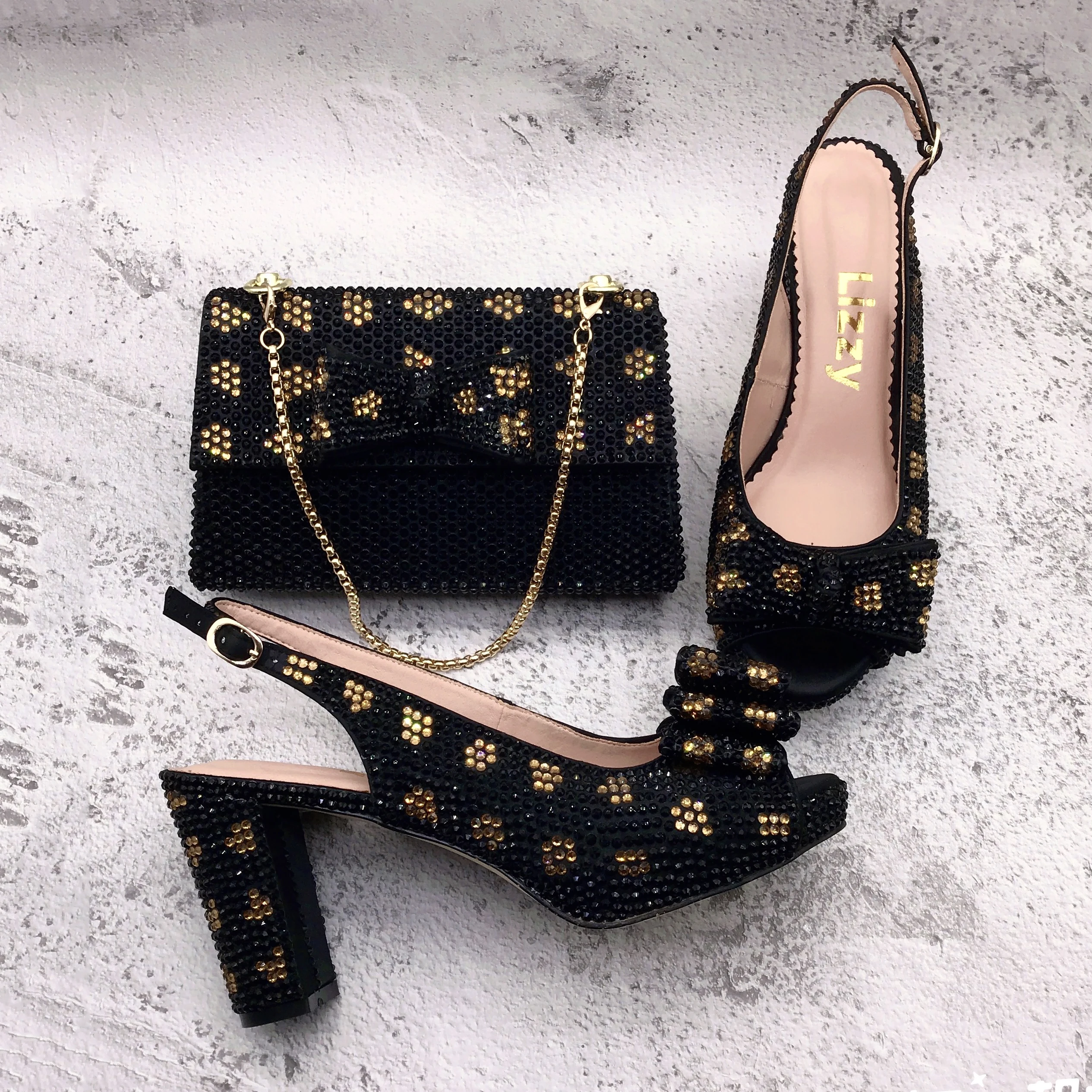 

BS1614 Custom Handmade Women Slingbacks Bridal Wedding Luxury Black Gold Crystal Shoes with Matching Bags Set