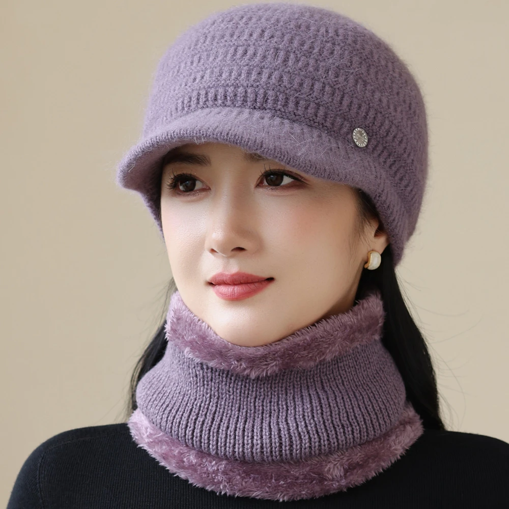 New Women Winter Hat Fashion Warm Set Plush Fur Lined Warm Hats For Female Casual Rabbit Fur Winter Outdoor Knitted Cap Suit