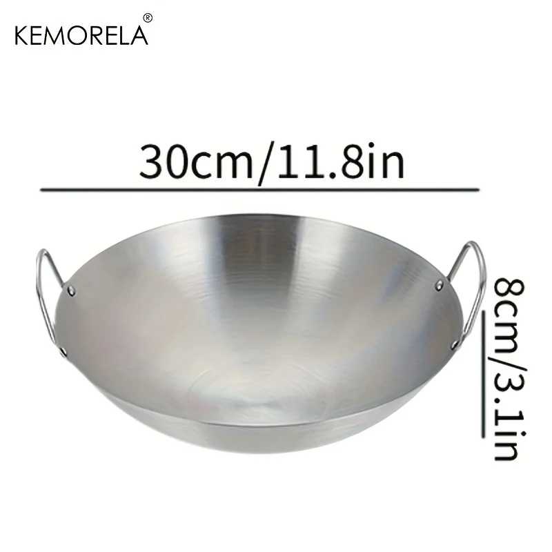 1 peça wok de aço inoxidável sem revestimento 26/28/30/32/34cm panela de chef de alça dupla de alta qualidade adequada para cozinhar carne frita caseira 9