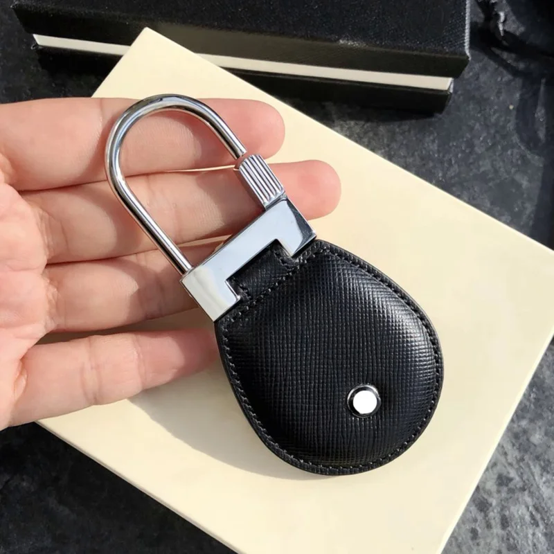 PJS Luxury MB Black Cross & Lychee Patterns Leather Car Key Chain 316 Stainless Steel U-shaped Ring Classic Keychain With Box