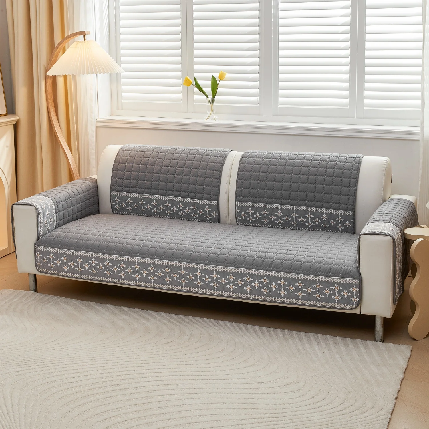 Waffle Quilted Four Season Anti-Slip Sofa Cover with Snowflake Lace Decor - Modern Living Room Couch Blanket