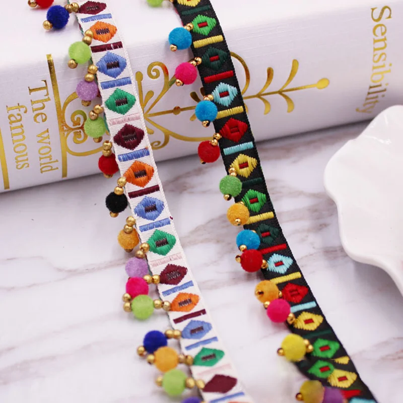 1Yard Pom Pom Trim Ethnic Style Fabric Pompom Fringe Ribbon Sewing Kintted Fabric Handmade DIY Clothing Craft Accessories