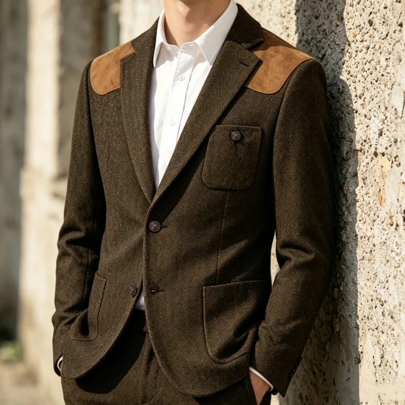 Blazer décontracté rétro pour homme en tweed à chevrons