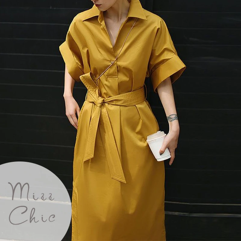 

Fashion Senior V-neck Shirt Dress Solid Color Elegant Casual Waist Strap A-line Ladies Personality Short Sleeve Shirt Dress 2023