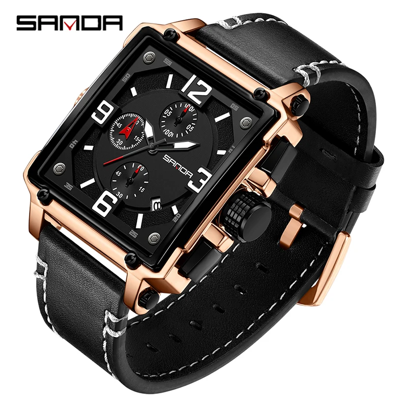 Fashion Square Dial Leather Mens Watches Luxury Sport Waterproof Watch Man Chronograph Quartz WristWatches Montre Homme