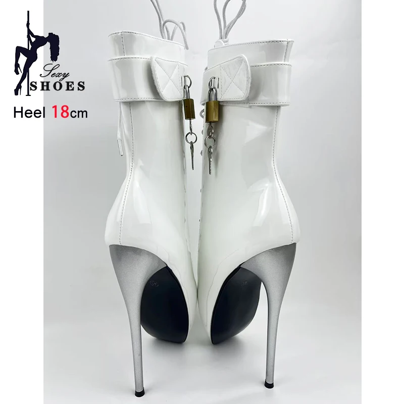2025 Sexy Lock Wrap Strap Ankle Boots For Woman 18CM Extreme high heels White Short Booties Mujer Women Ballet Boots Size 36-46