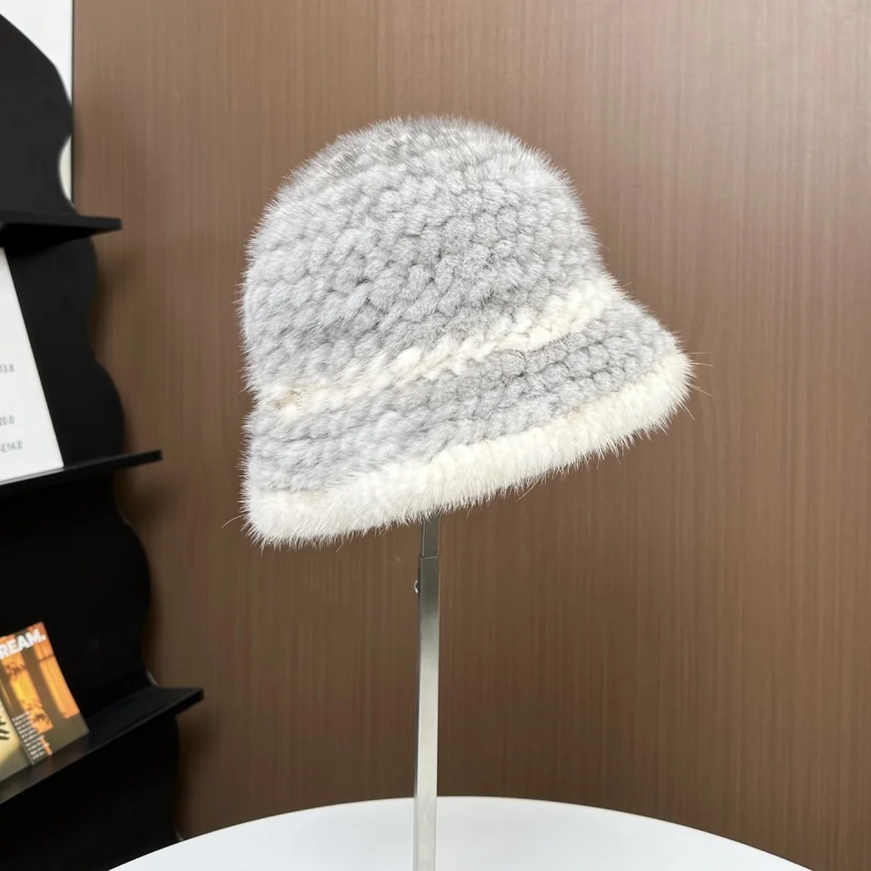 Damen-Mütze aus echtem Nerzfell, elegant, für den Winter, warm, Gehörschutz, Fischermütze, schicker Stil, Geschenk-Eimerhut – Detail 9