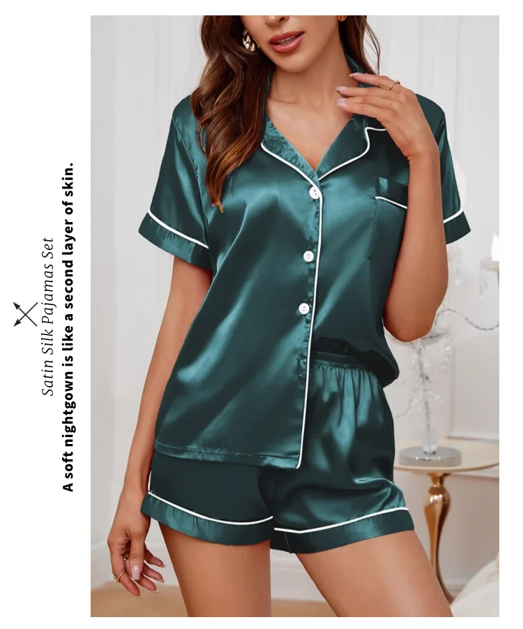 Frauen Nachtwäsche Seide Satin Pyjamas Set Button-Down Pyjama Shorts Anzug Pijama Femme Loungewear Pj Sets Einfarbig Hause kleidung – Detail 24