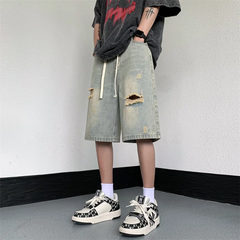Men Jeans Shorts Ripped Summer Japanese Hip Hop Streetwear Harajuku Denim Bermuda