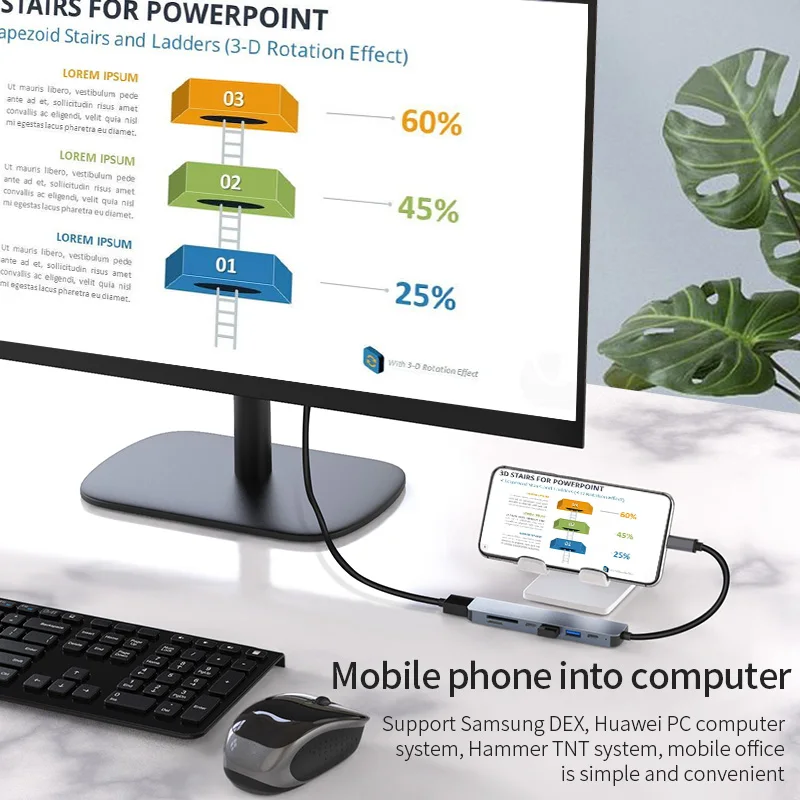 7-in-1 Type-C Hub With 4K30Hz HDMI2.0 PD100W Power USB2.0 and USB3.0 SD/TF Card Reader Adpater For SamsungS10/NOTE/Huawei/OPPO