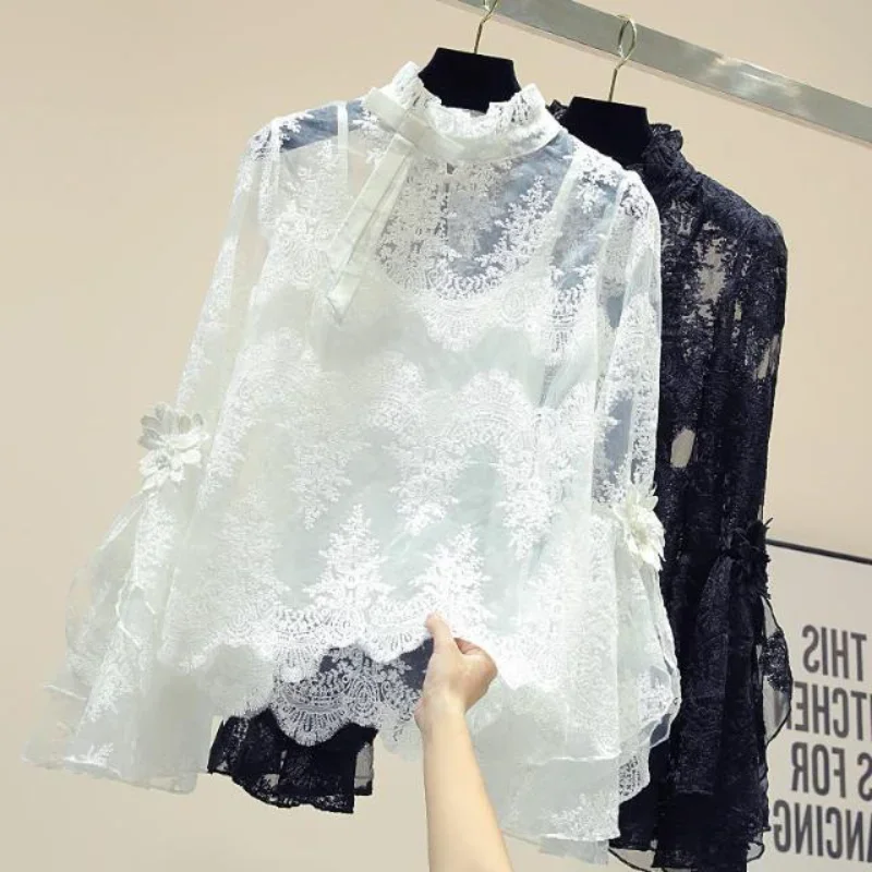 Thin Long Sleeve Lace Flower Ladies Shirt 2024 Spring/Summer Korea Flare Sleeve Blouse Women Fashion Loose Lace Up Blusas