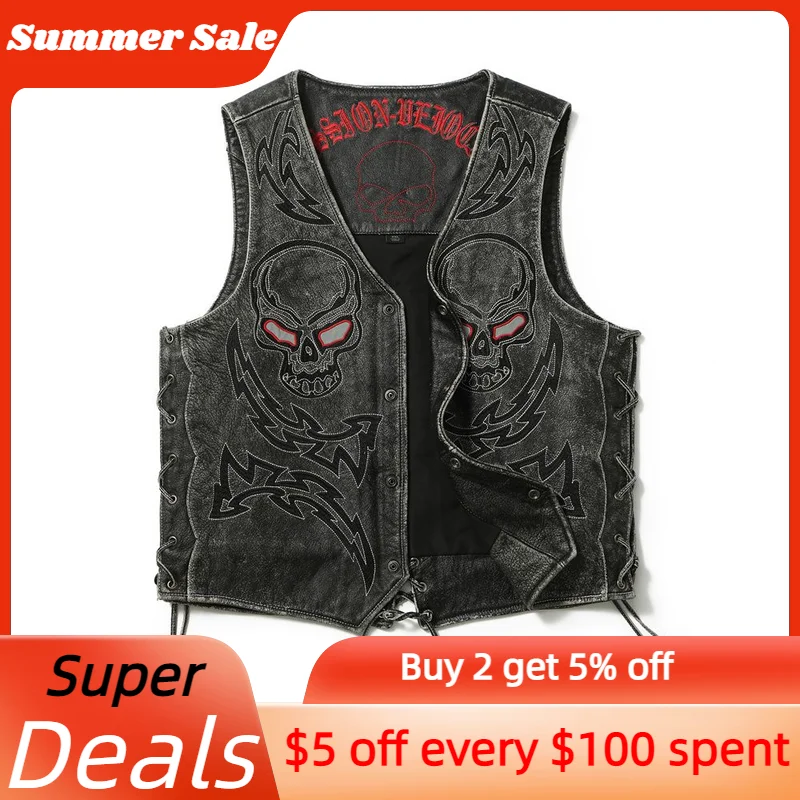 

Vintage Black Genuine Leather Vest Men Motorcycle Style Plus Size 5XL Real Cowhide Spring Slim Fit Short Skulls Embroidery Coat
