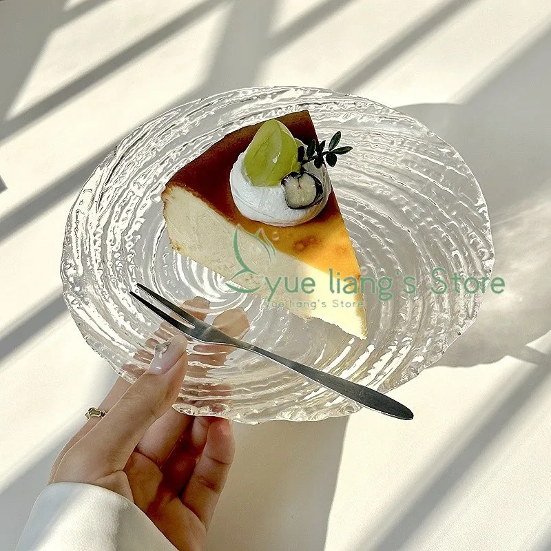Transparent Water Ripple Glass Plate Nebula Breakfast Dessert Dish Home Fruit Salad Cake Plate Kitchen Tableware