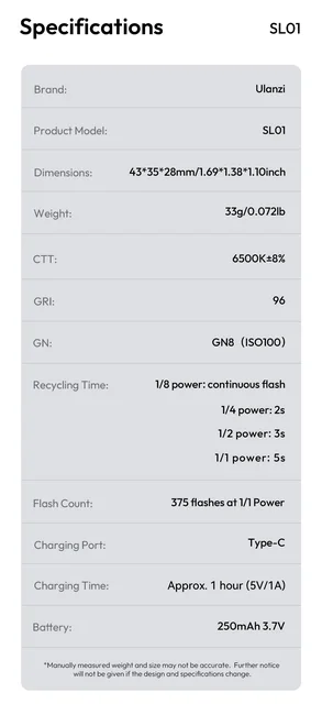Ulanzi SL01 Flash Mini Per Fotocamera - GN8, 6500K, Ricaricabile USB-C, Per Esterni E Ritratti - Foto 11