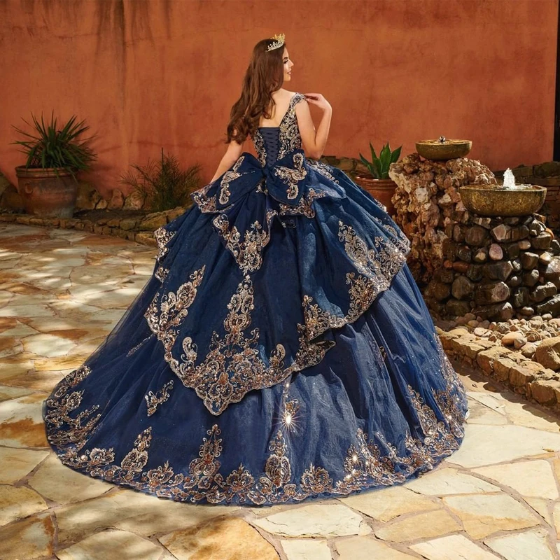 EVLAST Quinceanera Dress Cap Sleeve Flower Applique Gold Lace Crystal Formal Princess Gown Vestido De 15 A&ntilde;os TQD021