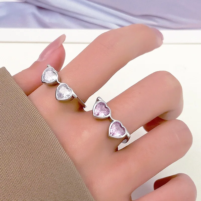 

Sweet Holiday Cute Heart Crystal Glasses Ring for Women Korean New Fashion Funny Design Forefinger Ring Couple Jewelry Gifts