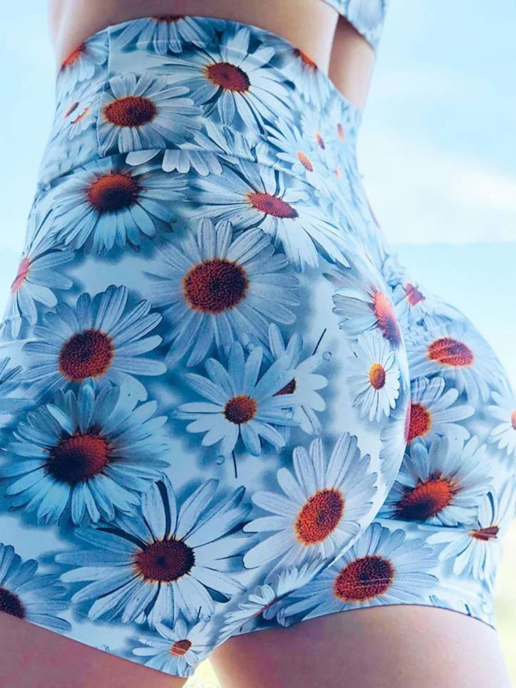Blue Chrysanthemum Printed Summer Shorts for Women Yoga Running Exercise Workout Training Push Up Tight