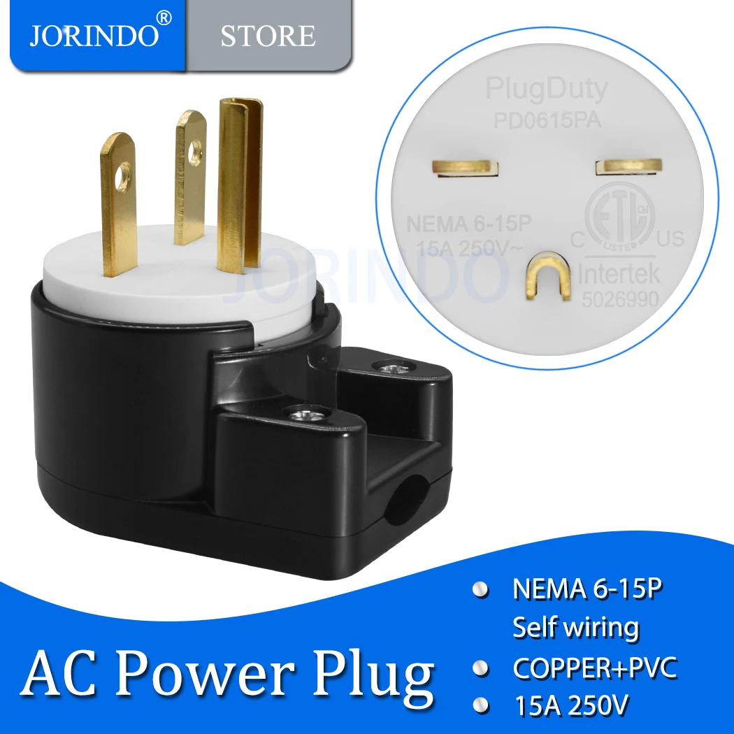 JORINDO NEMA 6-15P 90 Degree Right Angle Male plug 15A 250V DIY Easy Assembly 15Amp 250Volt US Standard 3 pin self-wiring plug