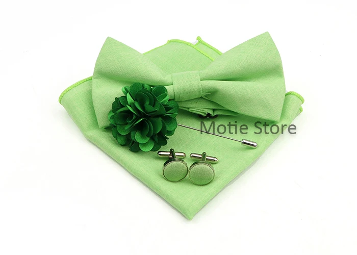 Neue klassische erwachsene Kinder Fliege Set Baumwolle einfarbig Taschentuch Manschetten knopf Brosche für Hochzeits feier Anzug Kleid Accessoires Geschenke – Detail 8