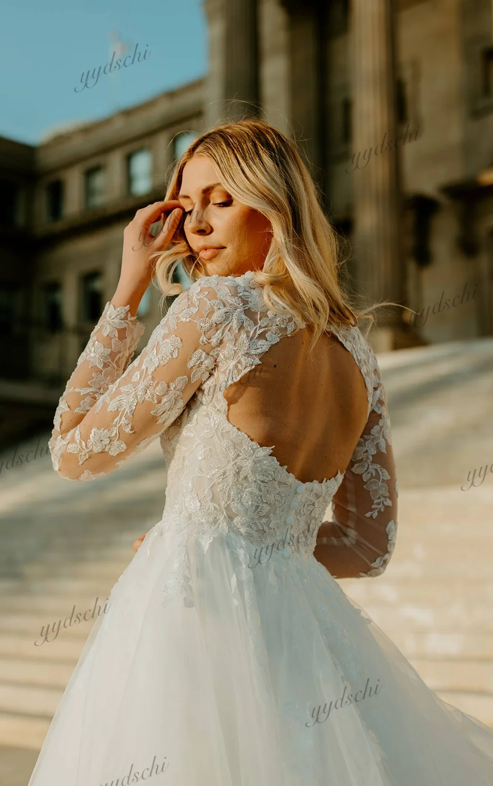 Maßgeschneiderte Elegante Weiße Hochzeitskleider 2026 mit Langen Ärmeln, Quadratischem Ausschnitt, Applikationen und Rückenausschnitt, Lange Brautkleider Vestido De Noiva – Detail 7
