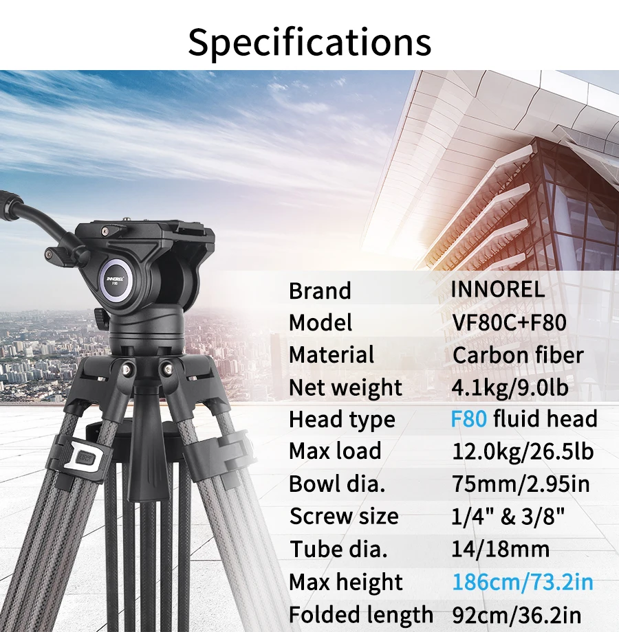 VF80C Professional Carbon Fiber Video Tripod 186cm & Hydraulic Fluid Video Head