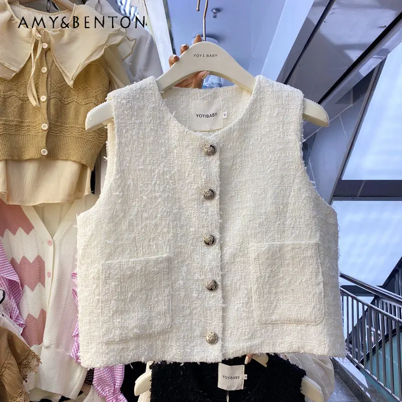

Exquisite Breasted Short Vest Ladies Autumn and Winter Temperament Crew Neck Design Sense Sleeveless Versatile Coat for Women