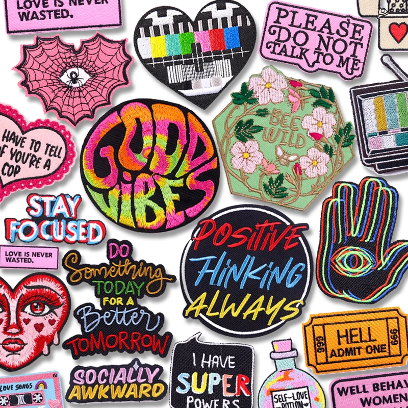 Good Vibes & Positive Slogan Iron-On Embroidered Patches for Clothing