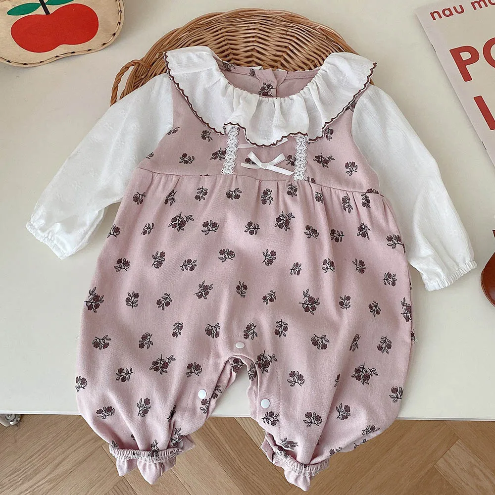 

Baby Girl Rompers Long Sleeve Floral Peter Pan Collar Spring Autumn Newborn Clothes Princess Birthday Infant Jumpsuit