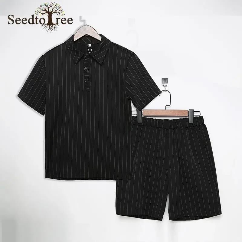 Summer Stripe Casual  Men's Set Turndown Collar Short Sleeved T-shirt Elastic Waist Shorts Two Piece Suit