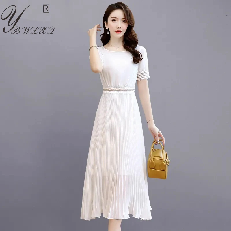

Women Elegant Chiffon Pleated Dress Korean Fashion O-Neck A-Line Temperament Prom Dresses Office Lady Summer Simple Basic Dress