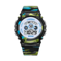 Digital Waterproof Camouflage Sports Watch for Children with Luminous LED Alarm (Black)
