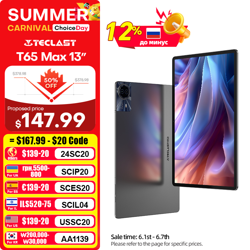 【World Premiere】Teclast T65 Max 13" HD Display Android 14 Tablet MediaTek G99 8GB RAM 256GB ROM 10000mAh Battery Widevine L1