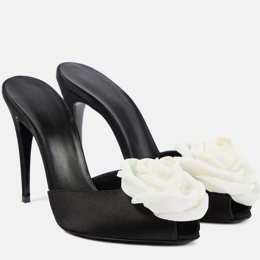 

Flower Peep Toe Black Stain Mules Women Stiletto Heel Elegent Shallow High Heel Pumps Ladies Party Dress Summer New Shoes