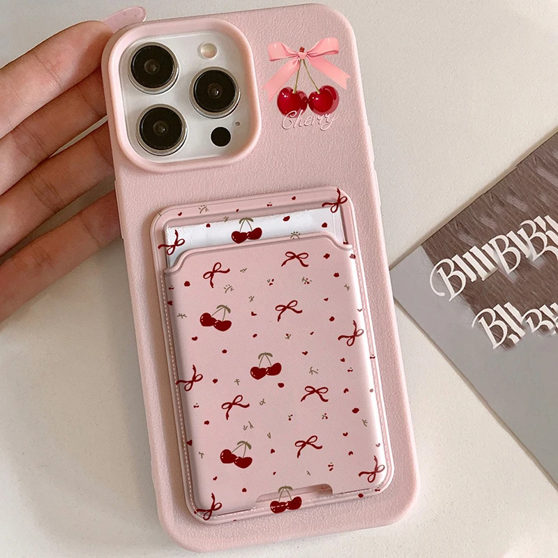 Kartensteckplatz-Taschen-Handyhülle für iPhone 17, 16, 15, 14, 13, 12, 11 Pro Max Plus X XS, stoßfeste rote Kirschmuster-weiche Silikonhülle
