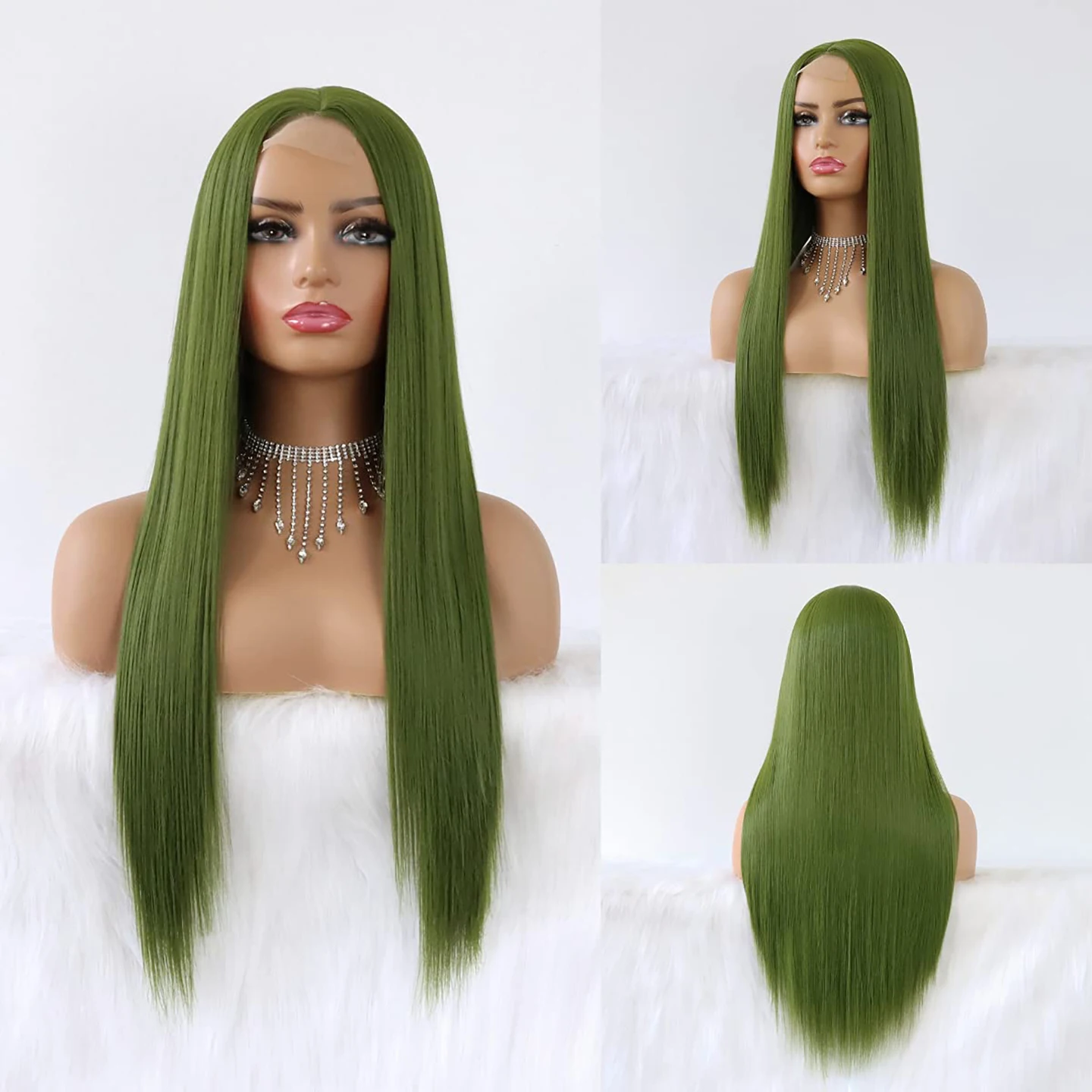 Stunning Olive Green Long Straight Synthetic Hair Wig 24 Inch Matcha Green T Part Lace Front Wig Heat Resistant Synthetic Fiber
