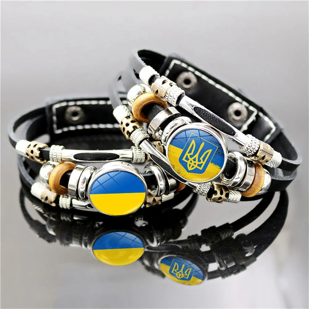 

Vintage Glass Snap Button Ukraine Flag Bracelet Ukrainian Symbol Bangles Punk Wrap Braided PU Leather Bracelets For Men Women