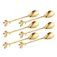 6PCS Creative Personality Stainless Steel Gold Spoons Tree Leaf Spoon Coffee Spoon Tea Spoon Home Restaurant Dessert Cutlery Set 5