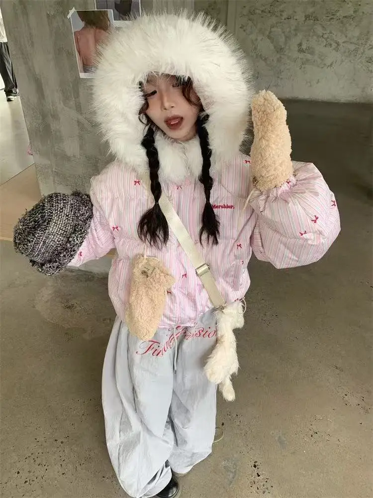 Women's Winter Tops Jacket Cotton Coat Striped Bow Thickened Warm Vintage Simple Comfortable Leisure Fashion New Niche Versatile