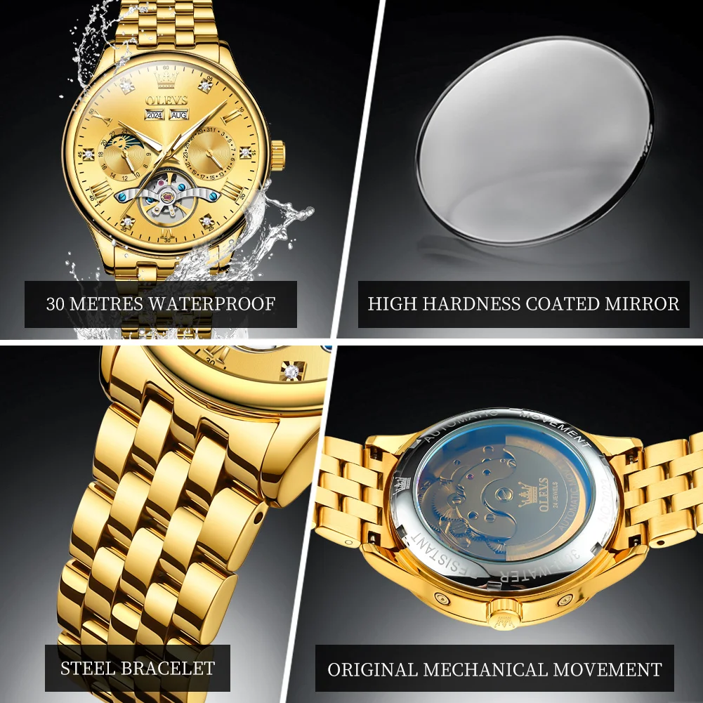 OLEVS Multifunctional Men's Watches Waterproof Fully Automatic Mechanical Watch for Man Moon Phase Original Brand Wristwatch