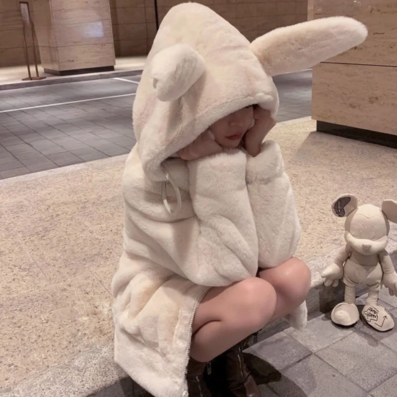 2023 Women's Plus Velvet Padded Zipper Winter Jacket Oversized Soft Harajuku Kawaii Hooded Rabbit Ears Plush Faux Cashmere Coat